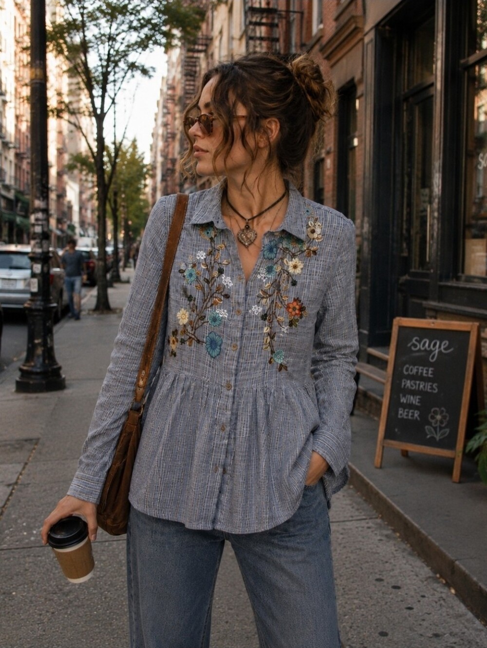 HD in Paris Blue Striped Embroidered Sequence Peplum Button-Down Shirt Medium
